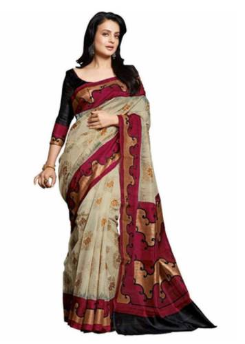 Beige rød trykt Bhagalpuri Saree