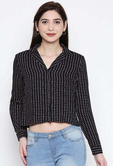 Dame sort langærmet Crop Shirt