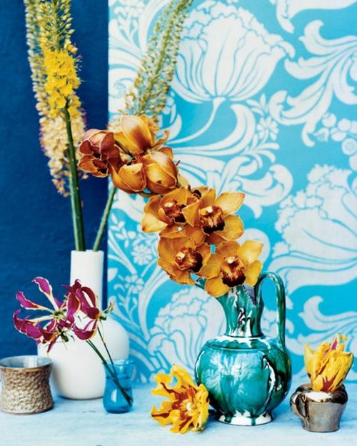 sininen tapetti koristeet kukka elementit orkideat koristelu maljakot