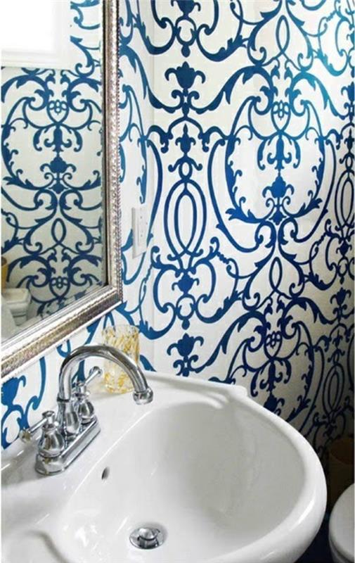 sininen tapetti kylpyhuoneessa tapetti kuvio abstrakti seinäpeili pesuallas