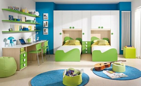 Sininen ja vihreä sisustus makuuhuoneen idea
