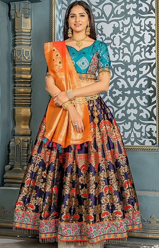 Blå Banarasi Silke Lehenga