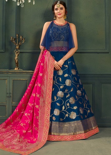 Kék virágos Lehenga