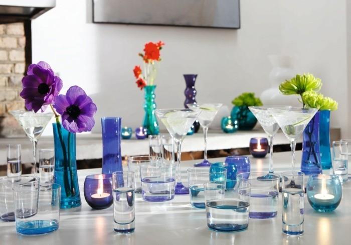 kukka maljakko lasi sininen violetti pöytäkoriste lyhdyt