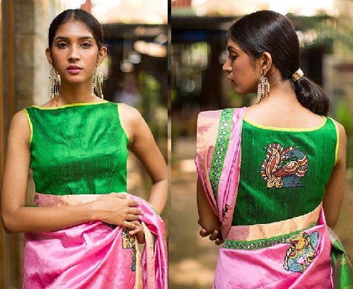 Silk Boat Neck Kalamkari Work Blouse Mønster