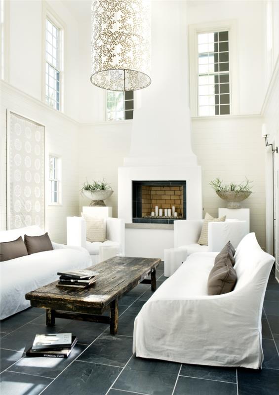 lattialaatat mustavalkoiset olohuoneen huonekalut maalaismainen sohvapöytä olohuone