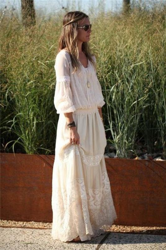 boho tyylikäs pitkä hääpuku pitsi tylli puuvillaa