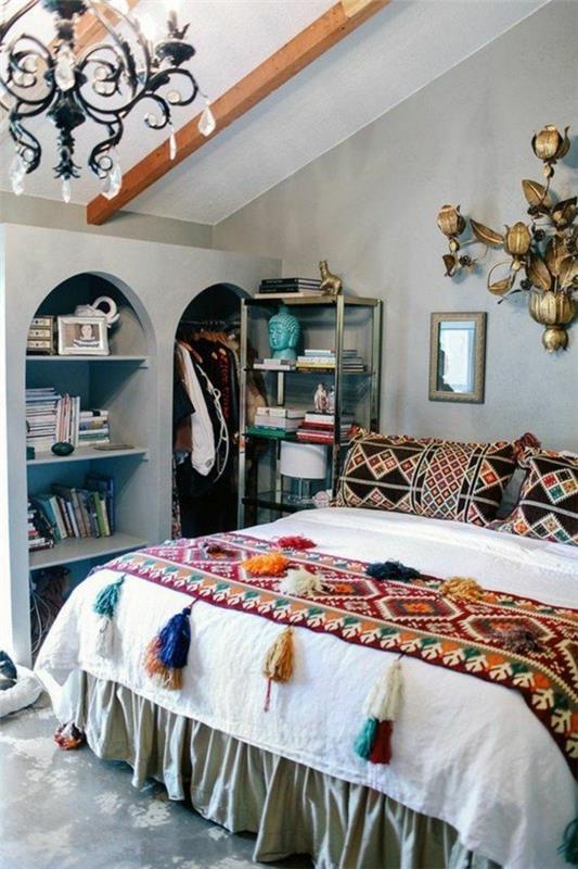 Boho tyylikäs makuuhuoneen sisustus itämainen