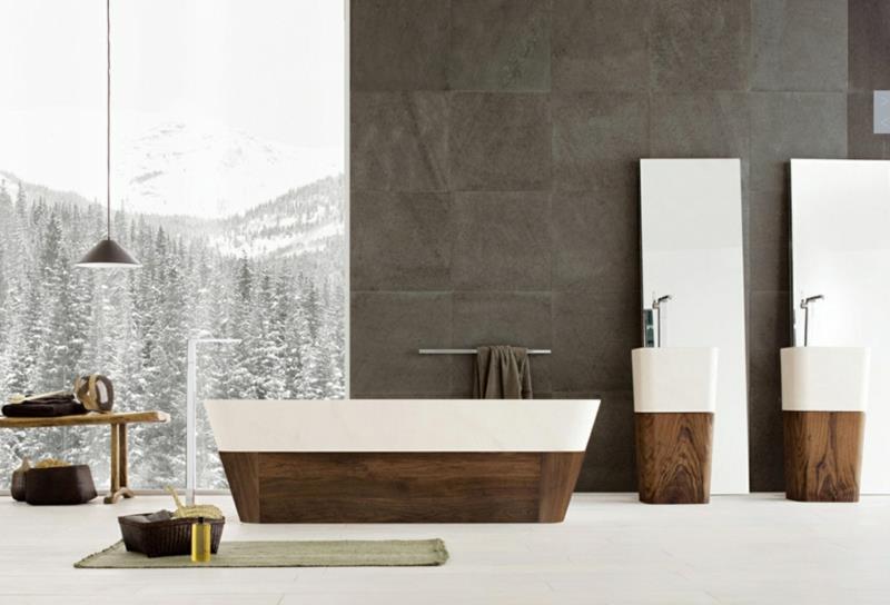 ruskea seinämaali kylpyhuone betoniseinät puukalusteet