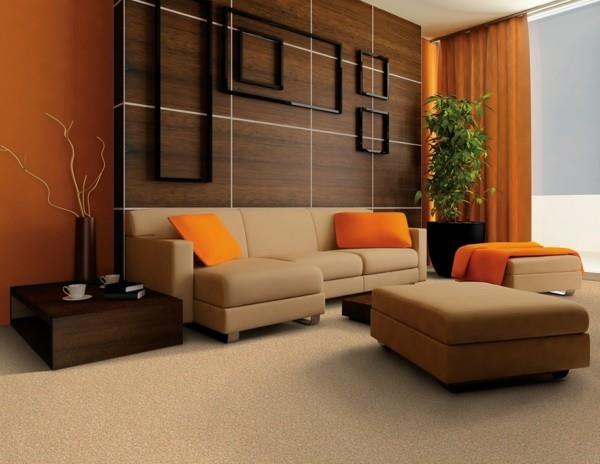 ruskeat sävyt yhdistyvät oransseihin sisustusideoihin olohuoneessa