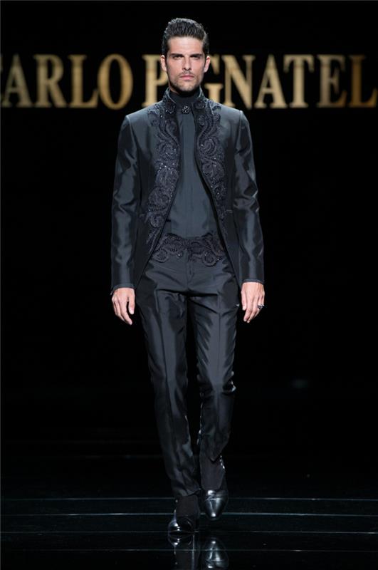 sulhasen muoti tyylikäs puku miesten muoti musta satiini haute couture carlo pignatelli 2016