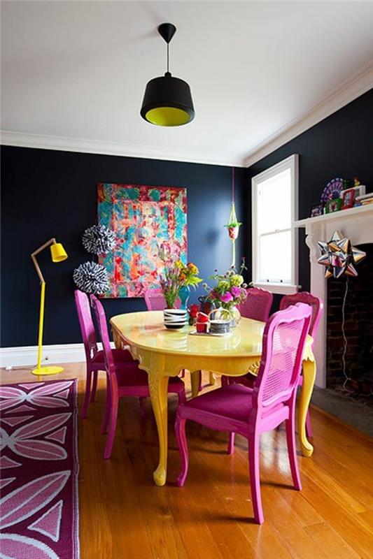 värikäs huonekalut ruokasali perustaa keltainen pöytä violetti tuolit