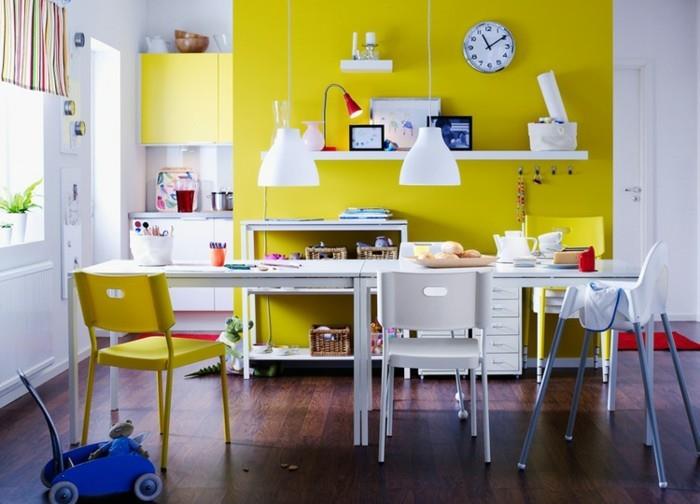 värikkäät huonekalut elävät ideat ruokasali keltainen aksentti