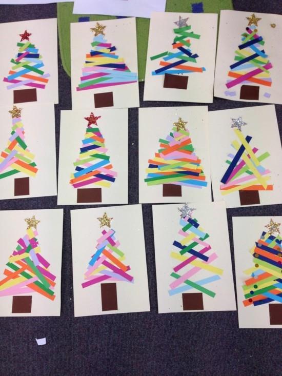 värikkäitä paperiraitoja tinker joulukortteja lasten kanssa
