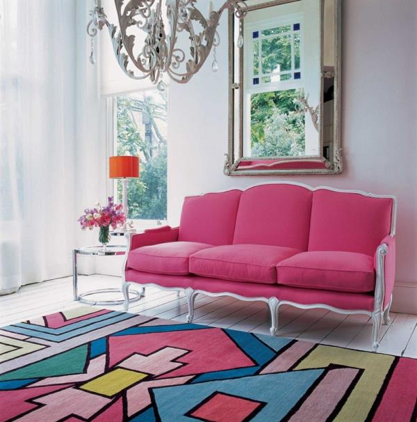 värikkäät matot sohvan verhoilu vaaleanpunainen