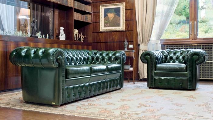 chesterfield nojatuoli aitoa nahkaa vihreä olohuone, jossa on ylellinen tyyli