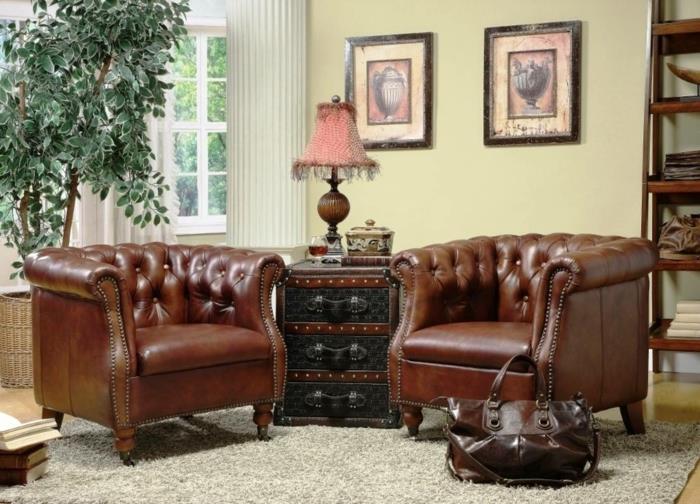chesterfield nojatuoli aitoa nahkaa moca väri pieni sivupöydän lipasto