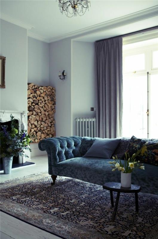 chesterfield sohva sininen tyylikäs olohuone
