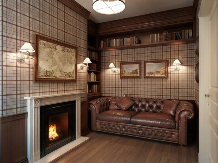 chesterfield sohva ruskea klassinen takka kodikas