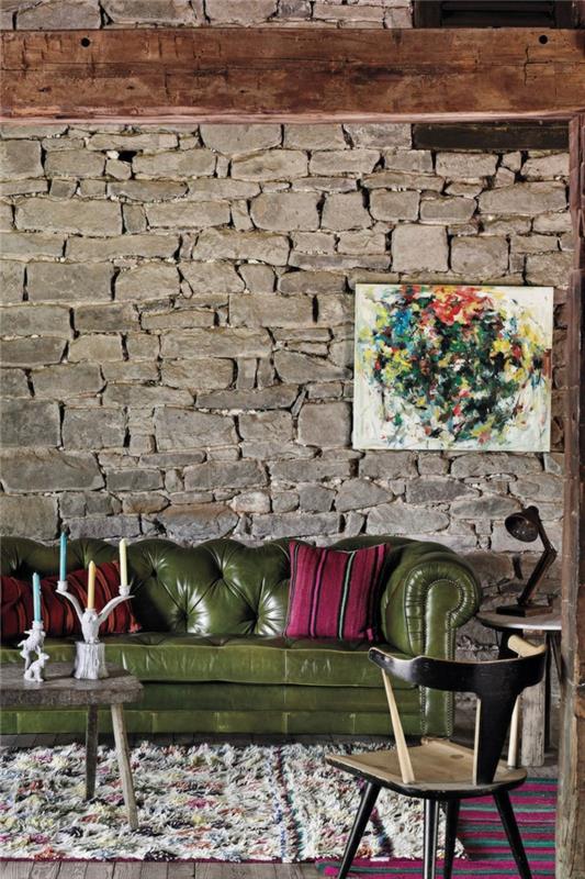 chesterfield sohva vihreä kotiideoita olohuoneen kiviseinä