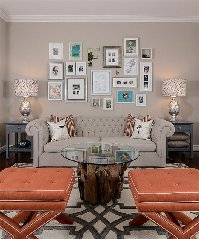 chesterfield -sohva kirkas tyylikäs oranssi jakkara maalaismainen sohvapöytä