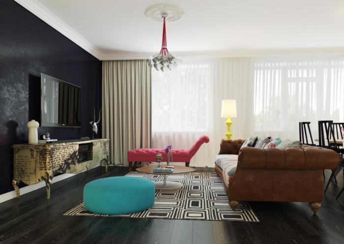 chesterfield -sohva moderni ruskea mattokuvio musta aksentti -seinä -olohuone