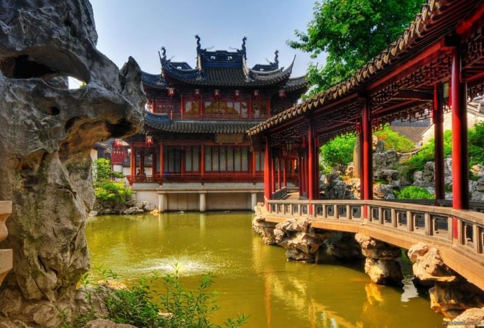 kiinalainen puutarha puutarha järvi silta paviljonki