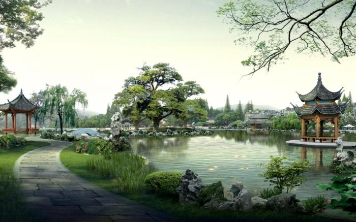 kiinalainen puutarhapaviljonki puutarhalampi puisto maisemointi