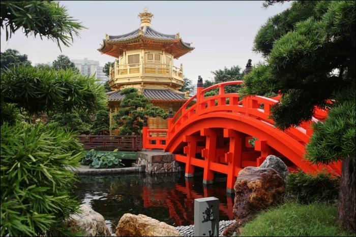 kiinalainen puutarha punainen silta järvi havupuut temppeli perinteinen