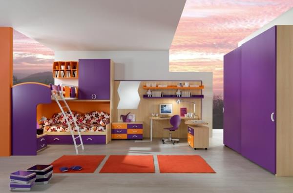 viileät raikkaat värit lastenhuone tyttö parvi sänky oranssi matot
