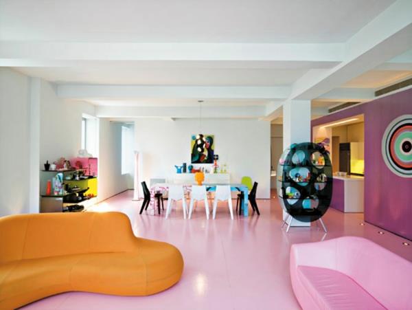 viileät värit olohuoneen sohvalle minimalistinen vaaleanpunainen lattia