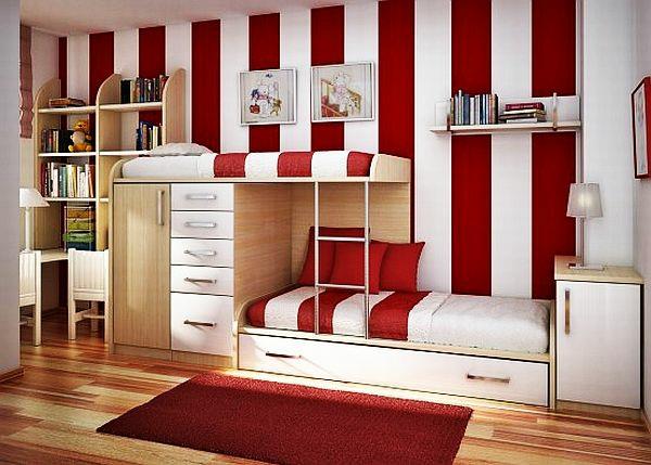 nuorisohuoneen suunnittelu moderni raidallinen seinä punainen matto