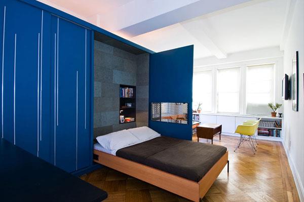 viileät pienet huoneistot sininen sisäänrakennettu ulosvedettävä sängynrunko puu