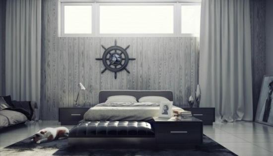 viileä moderni sisustus makuuhuoneen harmaat värit merenkulku