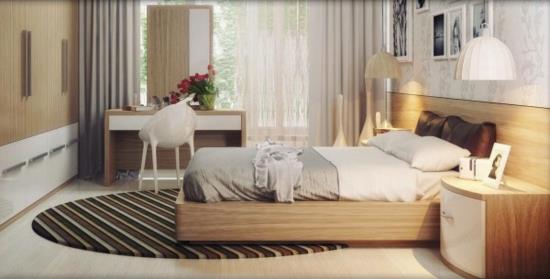 viileä moderni sisustus makuuhuoneen juoksija raidat puurunko sänky