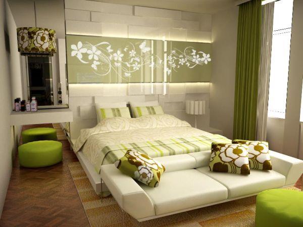 moderni makuuhuoneen väripaletti vihreä kerma rentoutua