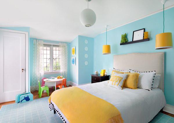 viileä makuuhuoneen väripaletti tyylikäs yhdistelmä sininen keltainen