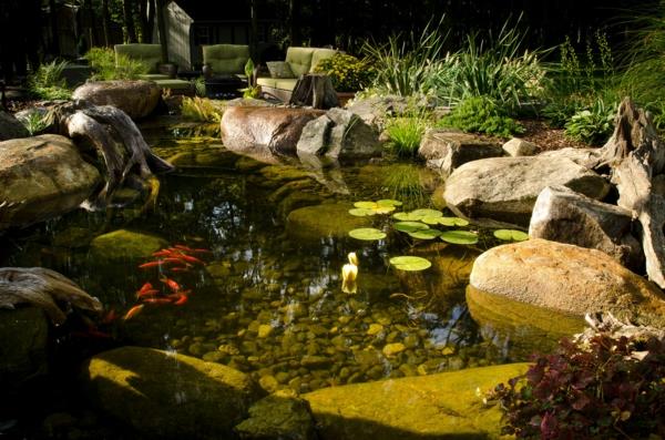 vesi puutarha ideoita viileä kivi lampi kala