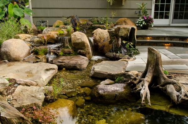 viileä vesi puutarha ideoita kivi lampi vesiputous