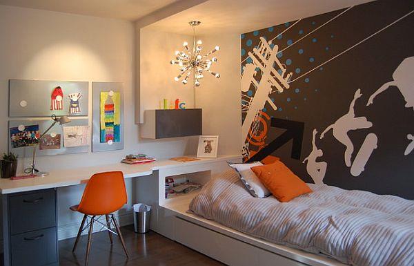 viileä trendikäs teini -ikäisen huoneen suunnittelu pojat oranssi tuolityynyt