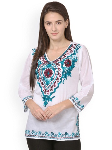 Saadgi Women White & amp; Kék Chikankari hímzett egyenes Kurti