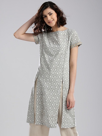 Fab India Women Grey & amp; Törtfehér nyomtatott egyenes Kurta