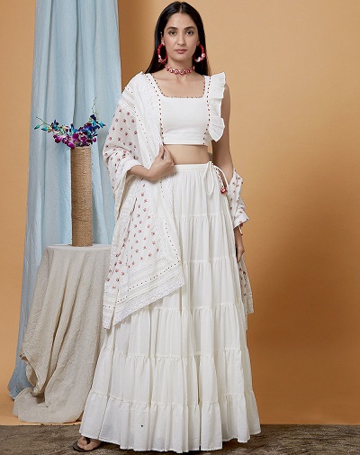 Hvid bomuld Lehenga