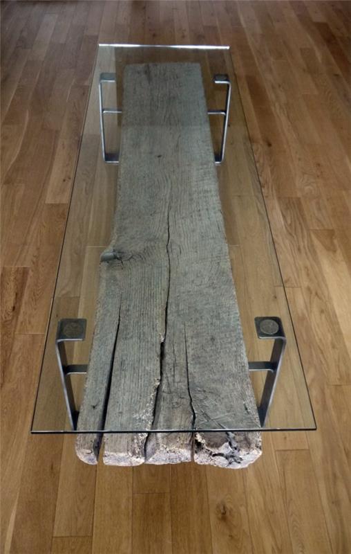 sohvapöytä puu lasi massiivipuuta vankka maalaismainen