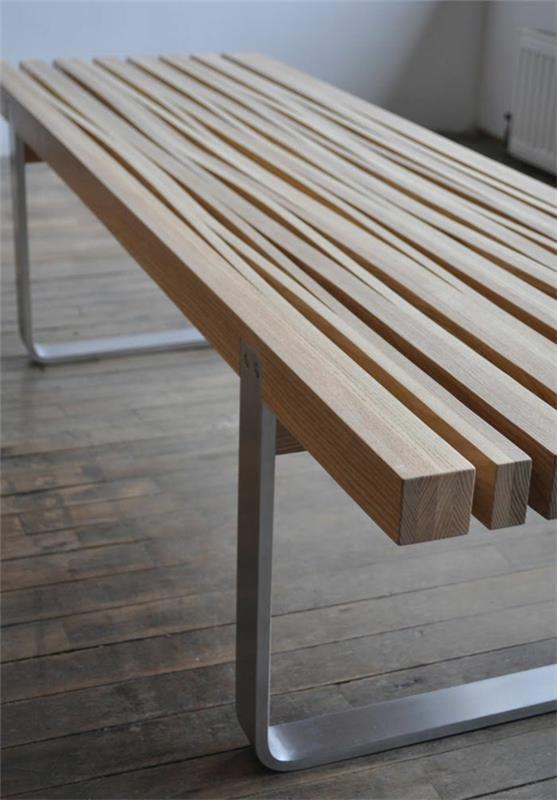 sohvapöytä massiivipuinen penkki puinen yläosa metallirunko yksinkertainen muotoilu