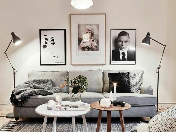 sohvapöytä pyöreä puu valkoinen seinäsuunnittelu olohuone sohva sisustusideoita