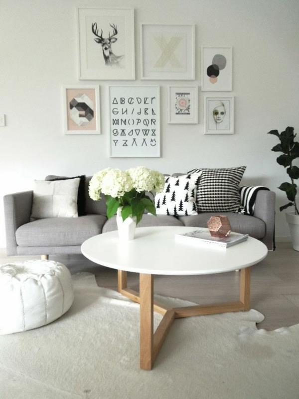 sohvapöytä pyöreä olohuoneen seinän suunnittelu olohuoneen sohva harmaa