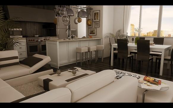 kerma-valkoinen-ruskea-huonekalut-olohuone ja ruokailuhuone