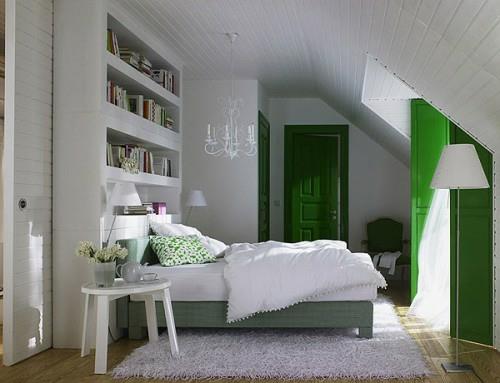 parvi makuuhuone tyylikäs sisustus vihreä aksentti