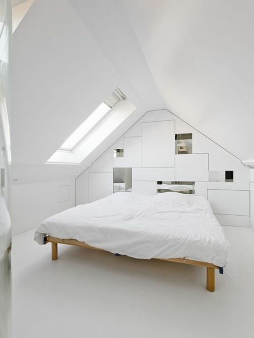 ullakko minimalistinen idea makuuhuone sänky valkoinen